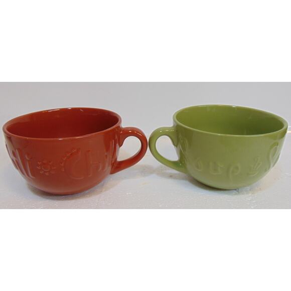 Soup Bowls With Handles KIC Stoneware Chili Green Brown 5" Embossed Letters VTG - Picture 4 of 11